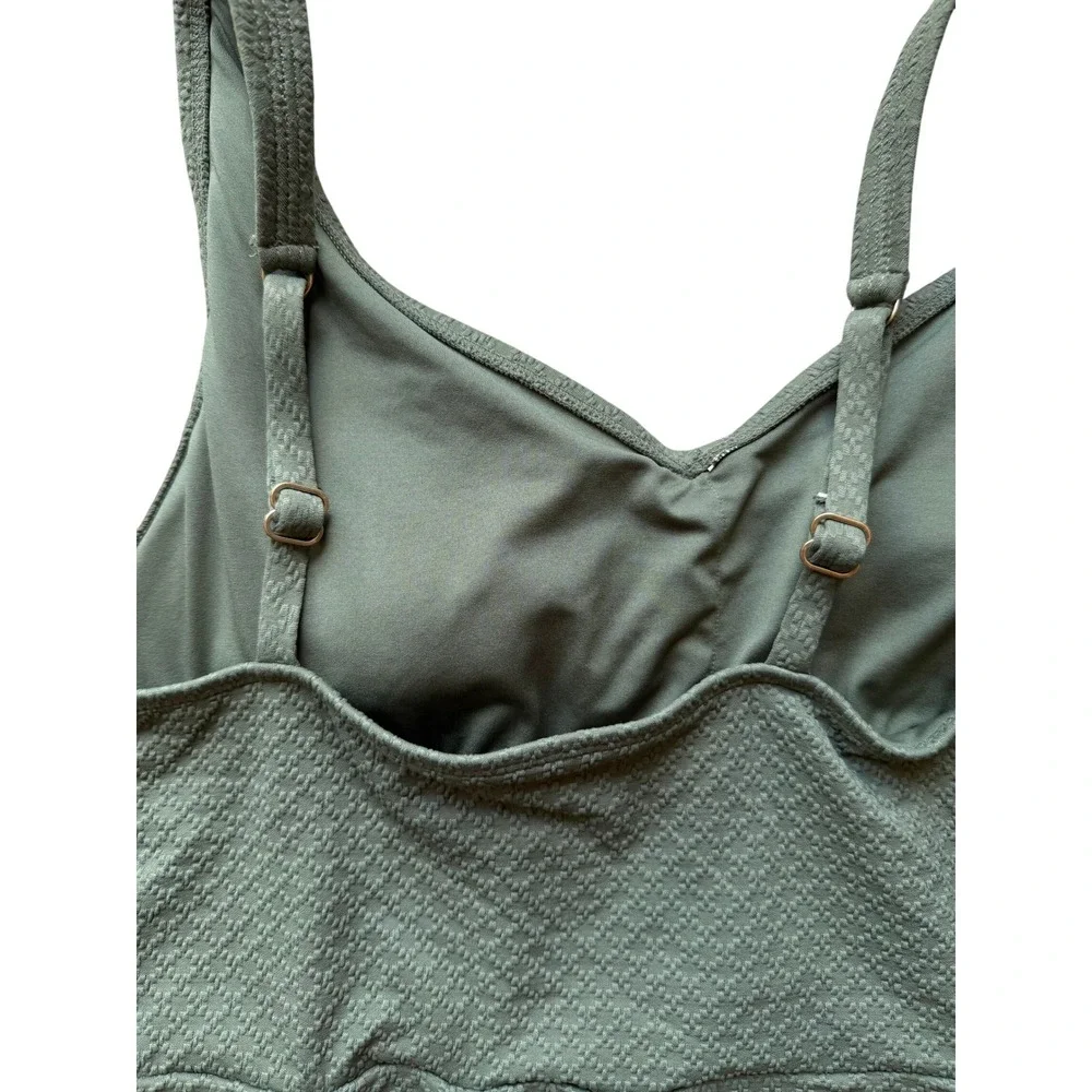 Lands End Womens Olive Green Textured V-Neck Swim Dress One Piece Size L